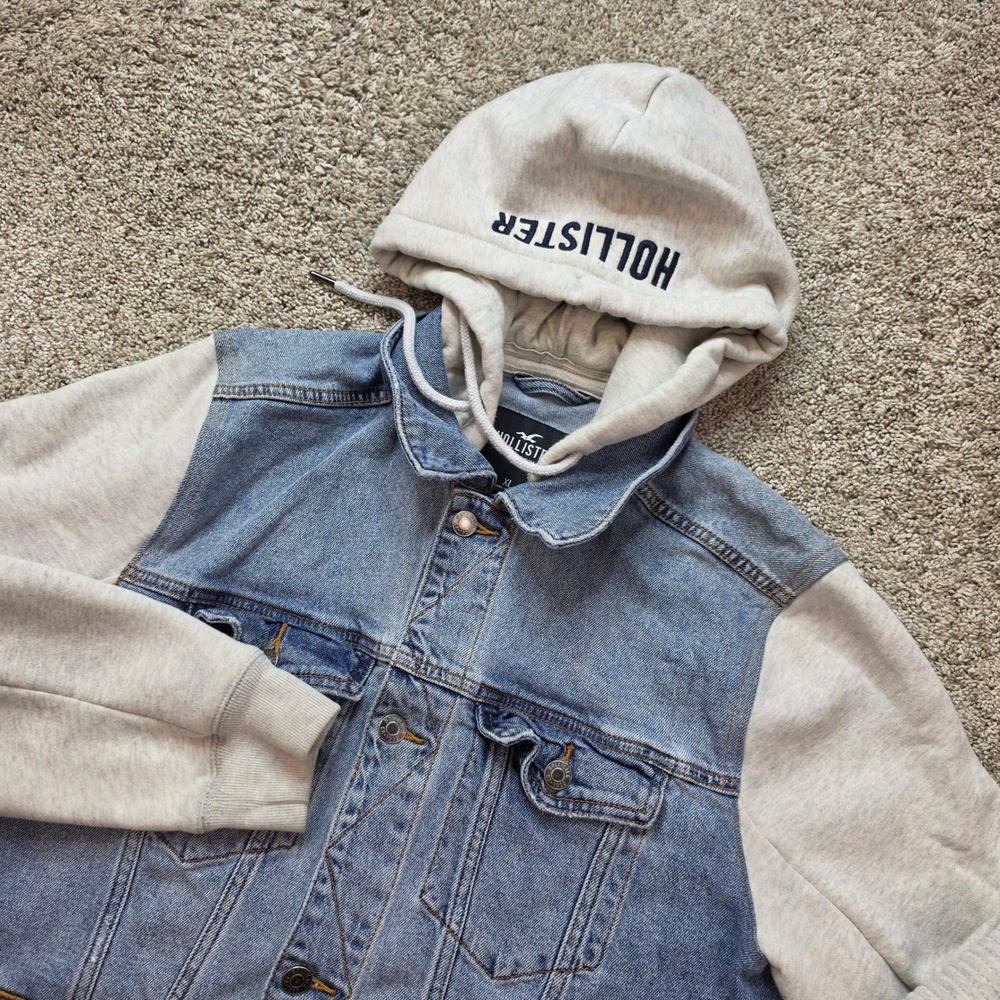 Hollister Denim Jacket Mens XL Epic Flex Hooded Sweatshirt Sleeve Blue Gray